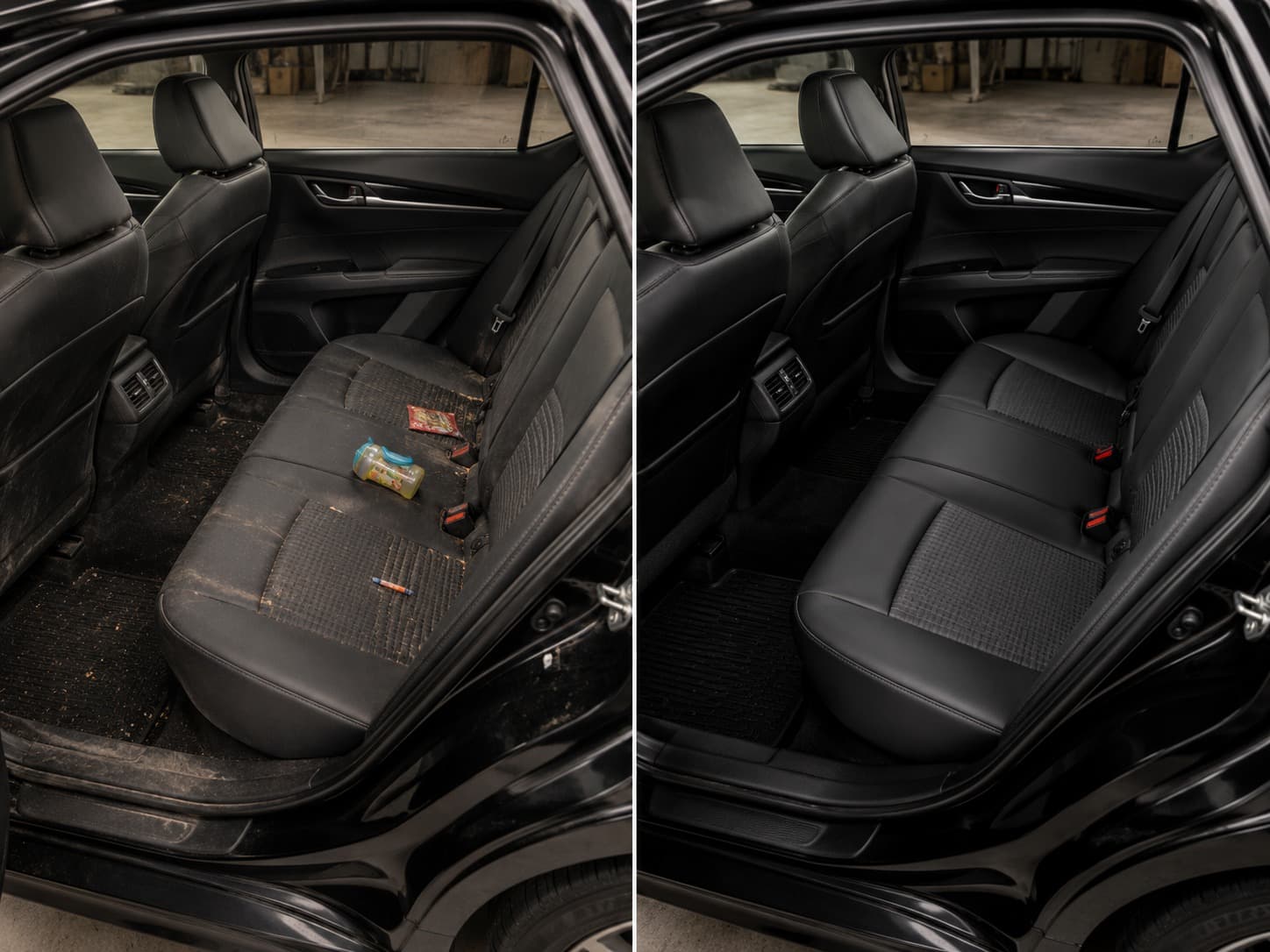Back row before and after — kid spill, embedded debris, gone.